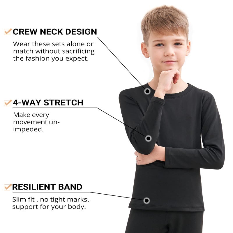 HEROBIKER Thermal Underwear Boys Ultra Soft Fleece Lined Kids Thermals Long Johns Top Bottom Warm Set for Winter Skiing Black - Image 3